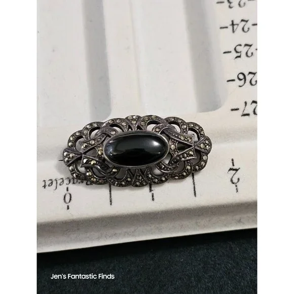 Antique Sterling Silver & Marcasite Brooch‎ With Black Onyx Stone